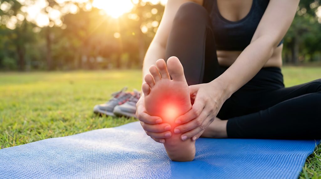 Woman feeling pain in foot arch while exercising on yoga mat outdoors with sun flare in background and sneakers nearby.